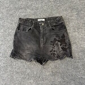 Kiabi Denim Shorts Womens XS Black Mom High Waisted Floral Embroidered Beaded